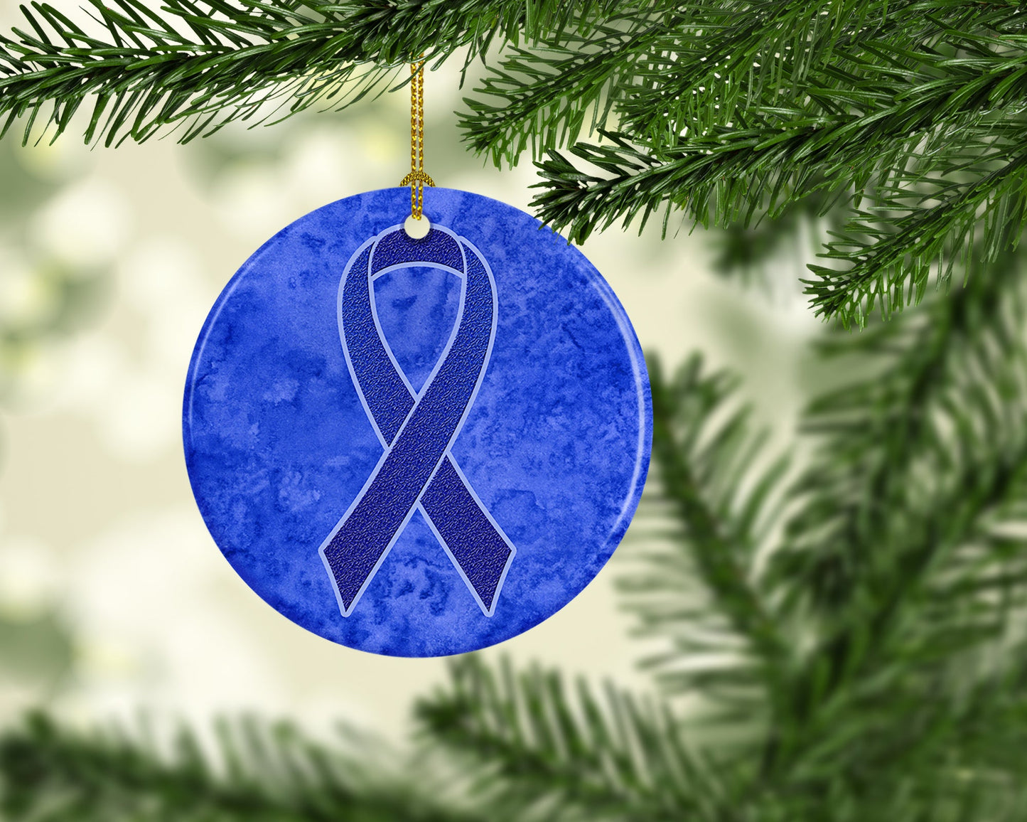 Dark Blue Ribbon for Colon Cancer Awareness Ceramic Ornament AN1202CO1