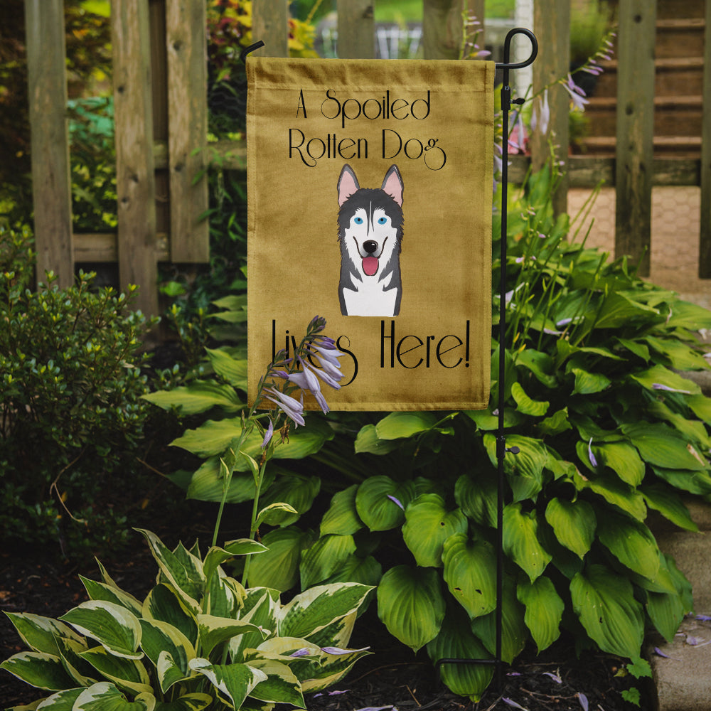Alaskan Malamute Spoiled Dog Lives Here Garden Flag – Funny Gold Background Dog Decor BB1466GF