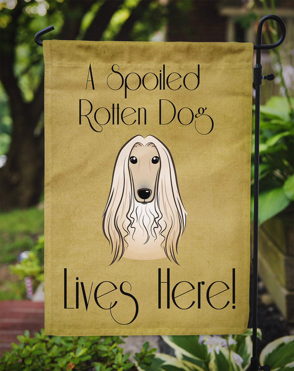 Afghan Hound Spoiled Dog Lives Here Garden Flag – Funny Gold Background Dog Decor BB1492GF