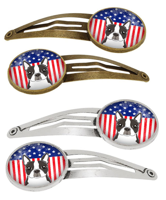 American Flag and Boston Terrier Set of 4 Barrettes Hair Clips BB2133HCS4