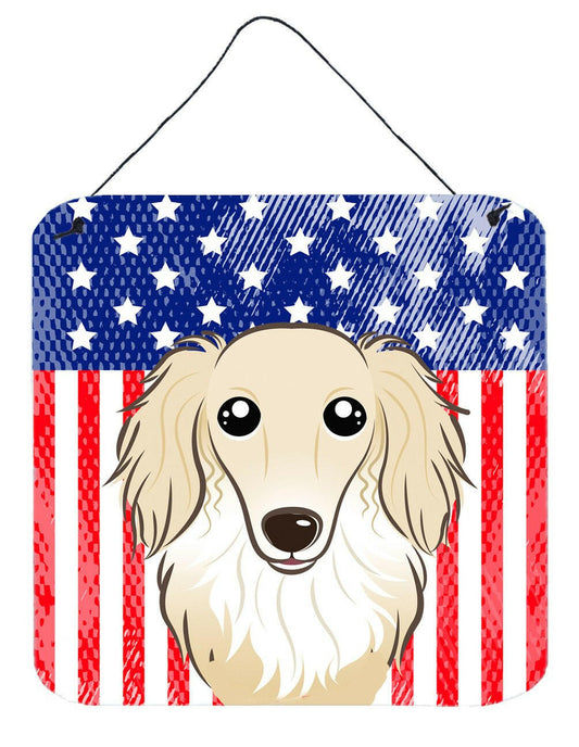 American Flag and Longhair Creme Dachshund Wall or Door Hanging Prints BB2142DS66