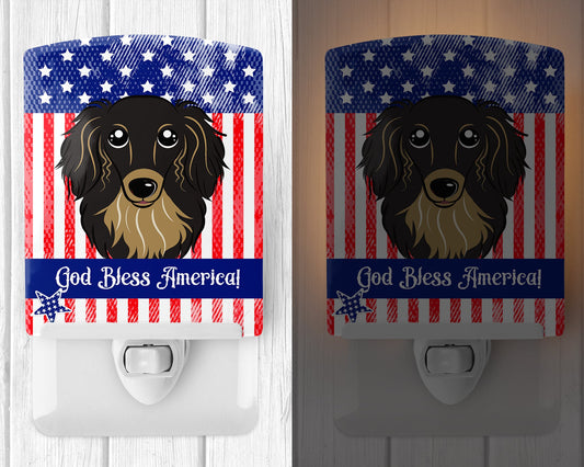 American Flag and Longhair Black and Tan Dachshund Ceramic Night Light BB2143CNL