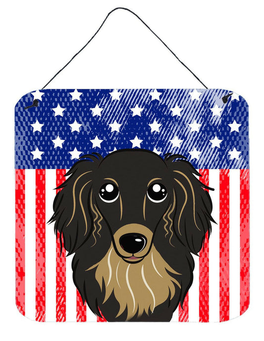American Flag and Longhair Black and Tan Dachshund Wall or Door Hanging Prints BB2143DS66