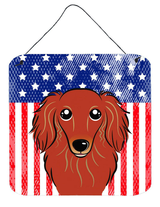 American Flag and Longhair Red Dachshund Wall or Door Hanging Prints BB2144DS66