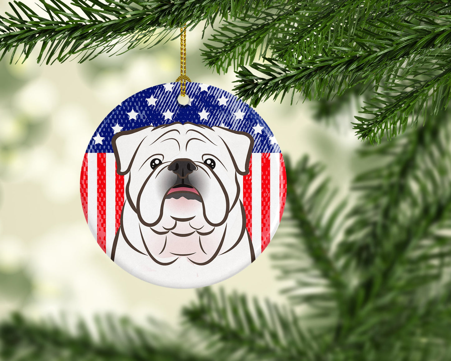 American Flag and White English Bulldog Ceramic Ornament
