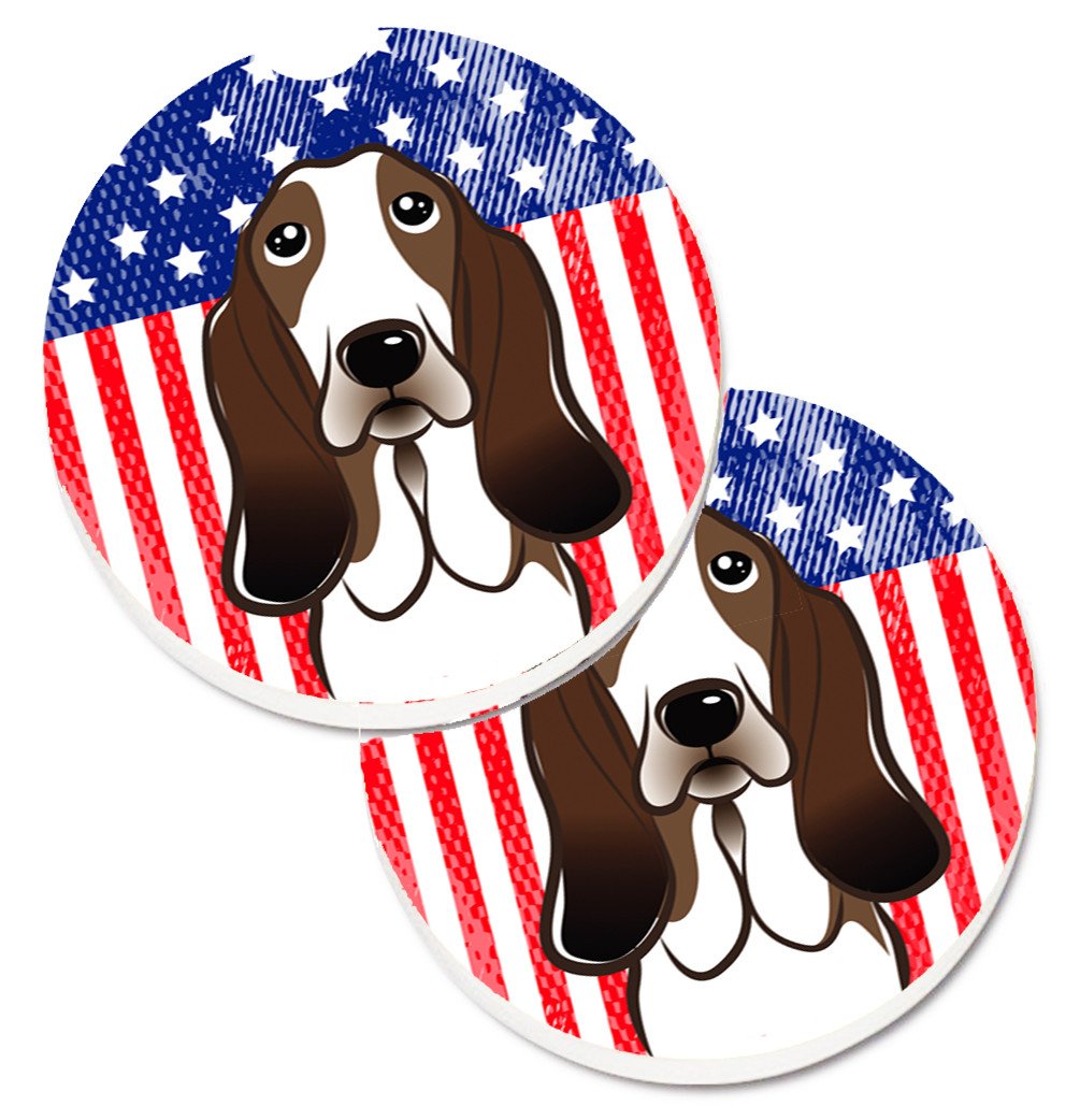 American Flag and Basset Hound Car Coasters – Set of 2 - Absorbent Stone with Fun & Functional Artwork BB2173CARC