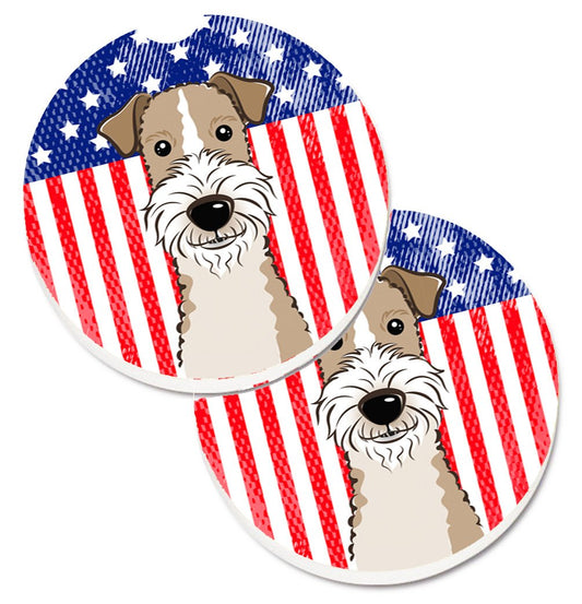 American Flag and Wire Haired Fox Terrier Car Coasters – Set of 2 - Absorbent Stone with Fun & Functional Artwork BB2177CARC