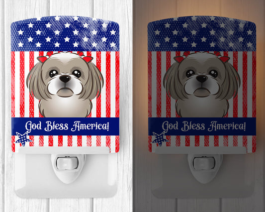 American Flag and Gray Silver Shih Tzu Ceramic Night Light BB2180CNL