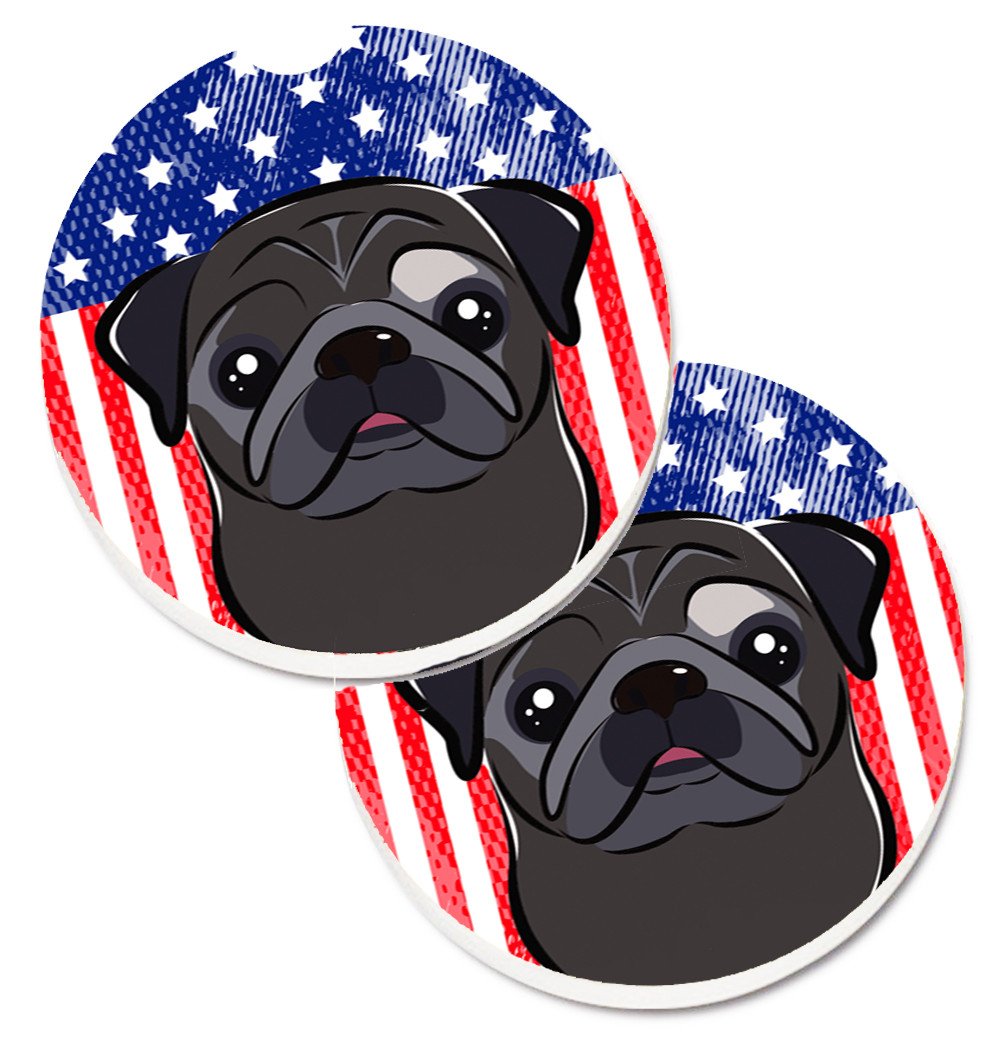 American Flag and Black Pug Car Coasters – Set of 2 - Absorbent Stone with Fun & Functional Artwork BB2193CARC