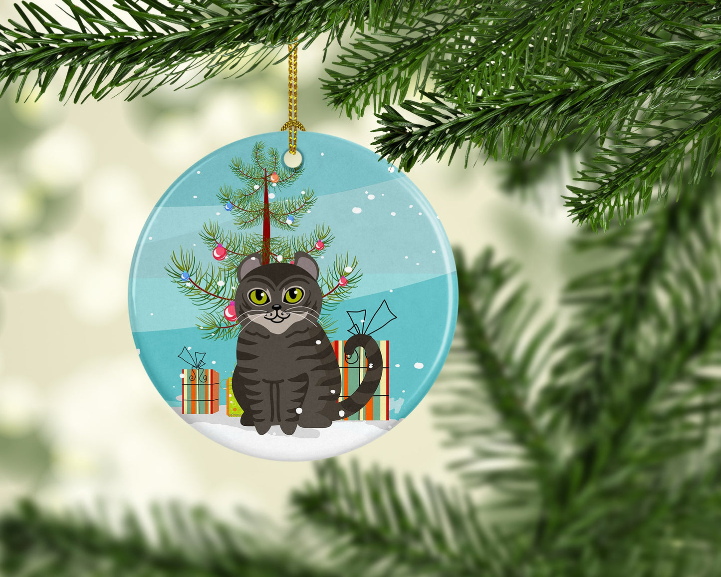 American Curl Cat Merry Christmas Tree Ornament - Round Ceramic Ornament – Artist-Designed Keepsake Decoration BB4412CO1