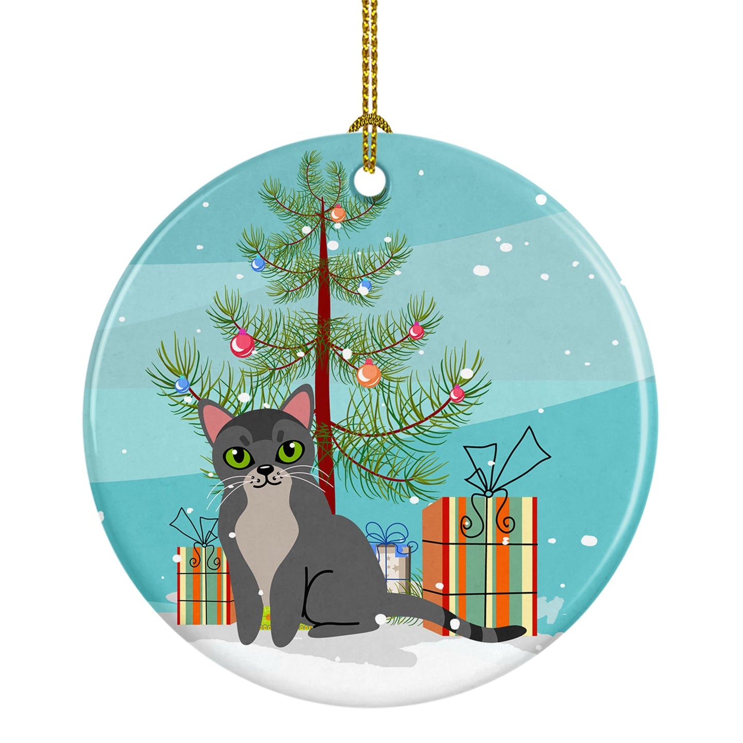 Asian Cat Merry Christmas Tree Ornament - Round Ceramic Ornament – Artist-Designed Keepsake Decoration BB4414CO1