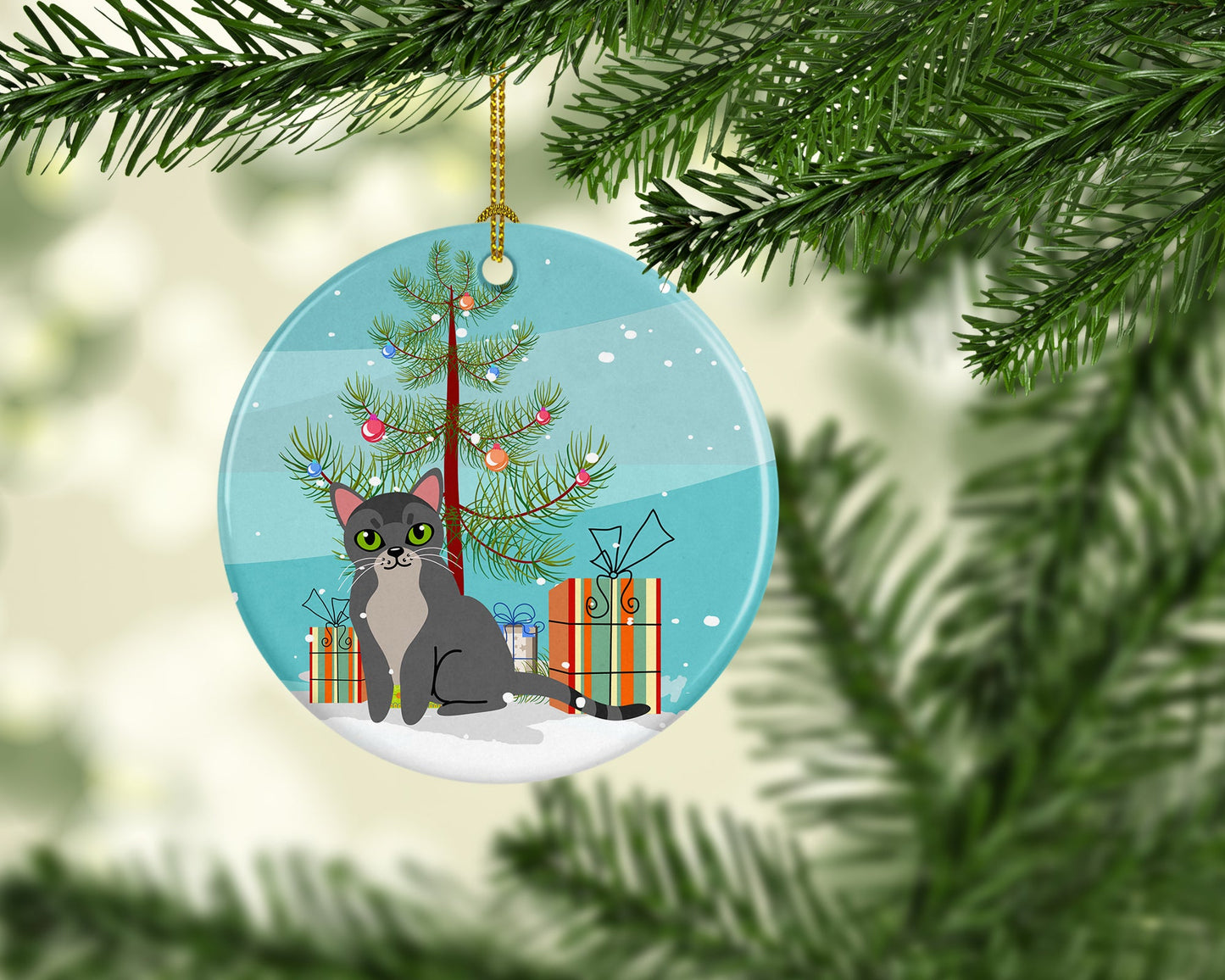 Asian Cat Merry Christmas Tree Ornament - Round Ceramic Ornament – Artist-Designed Keepsake Decoration BB4414CO1