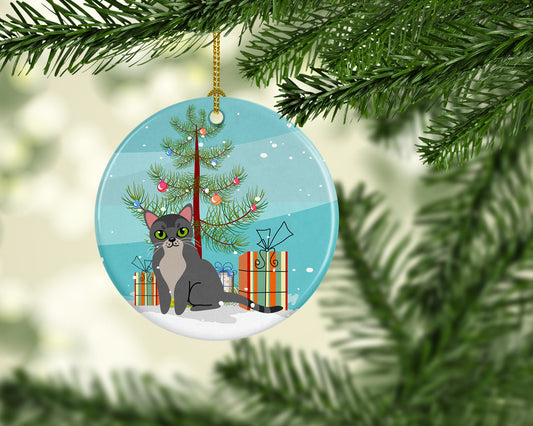 Asian Cat Merry Christmas Tree Ornament - Round Ceramic Ornament – Artist-Designed Keepsake Decoration BB4414CO1