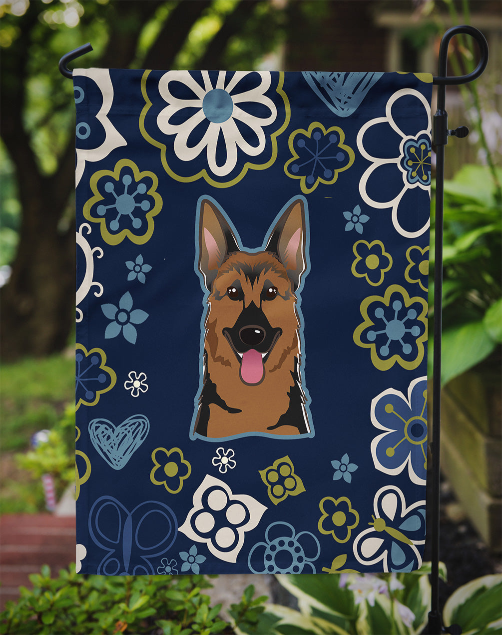 Blue Flowers German Shepherd Garden Flag - Outdoor Decorative Yard Flag BB5062GF