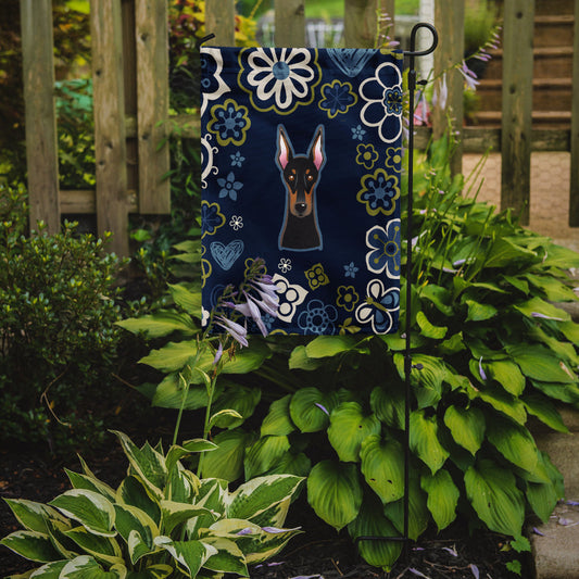 Blue Flowers Doberman Pinscher Flag Garden Size