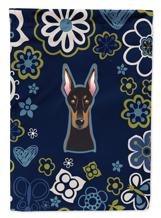 Blue Flowers Doberman Pinscher Flag Garden Size