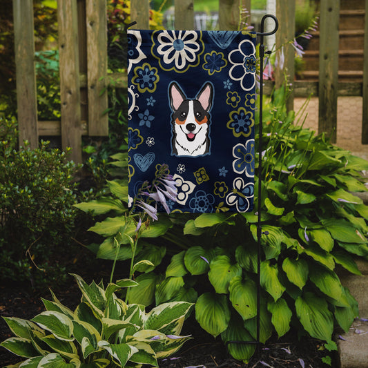 Blue Flowers Tricolor Corgi Flag Garden Size