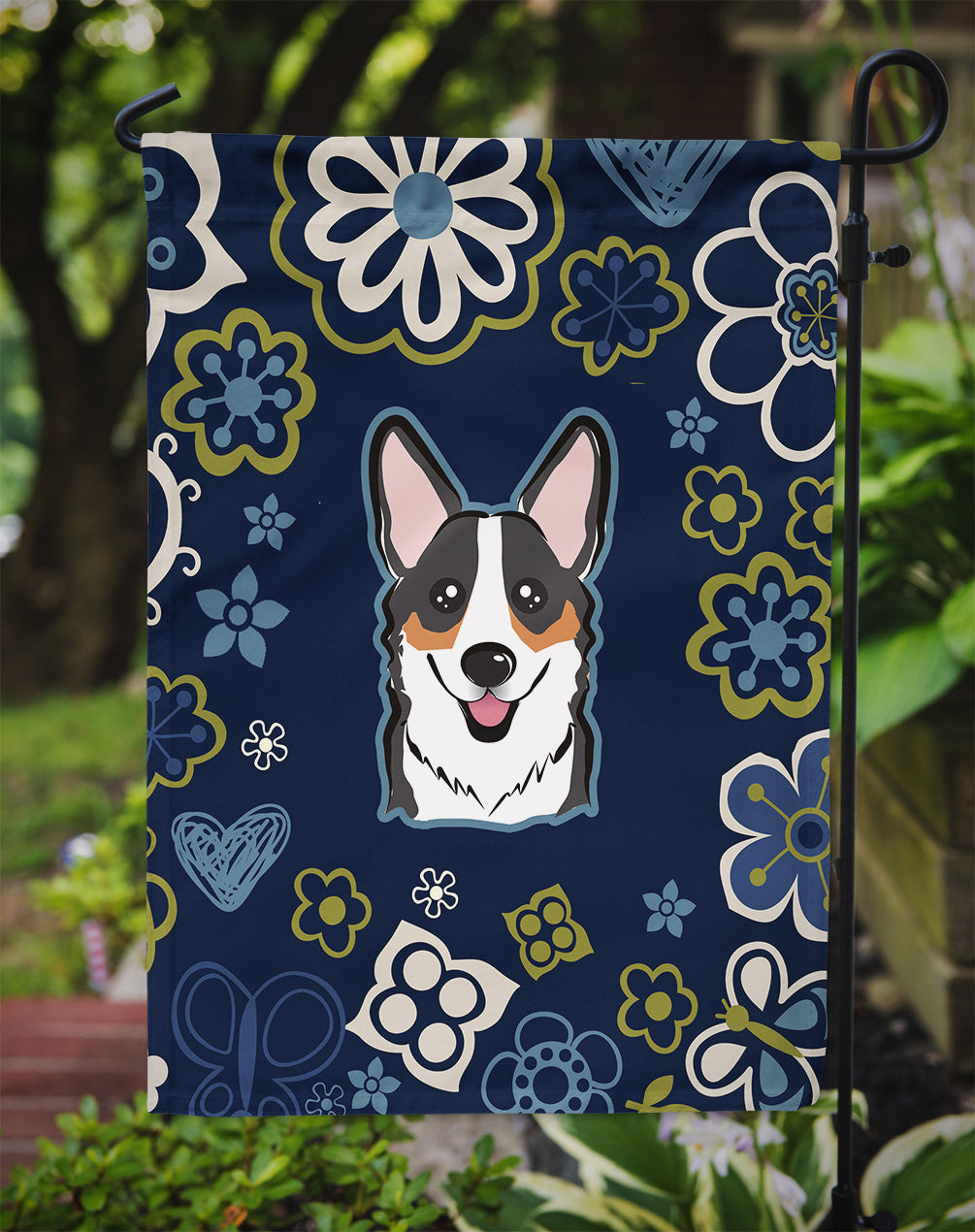 Blue Flowers Tricolor Corgi Garden Flag - Outdoor Decorative Yard Flag