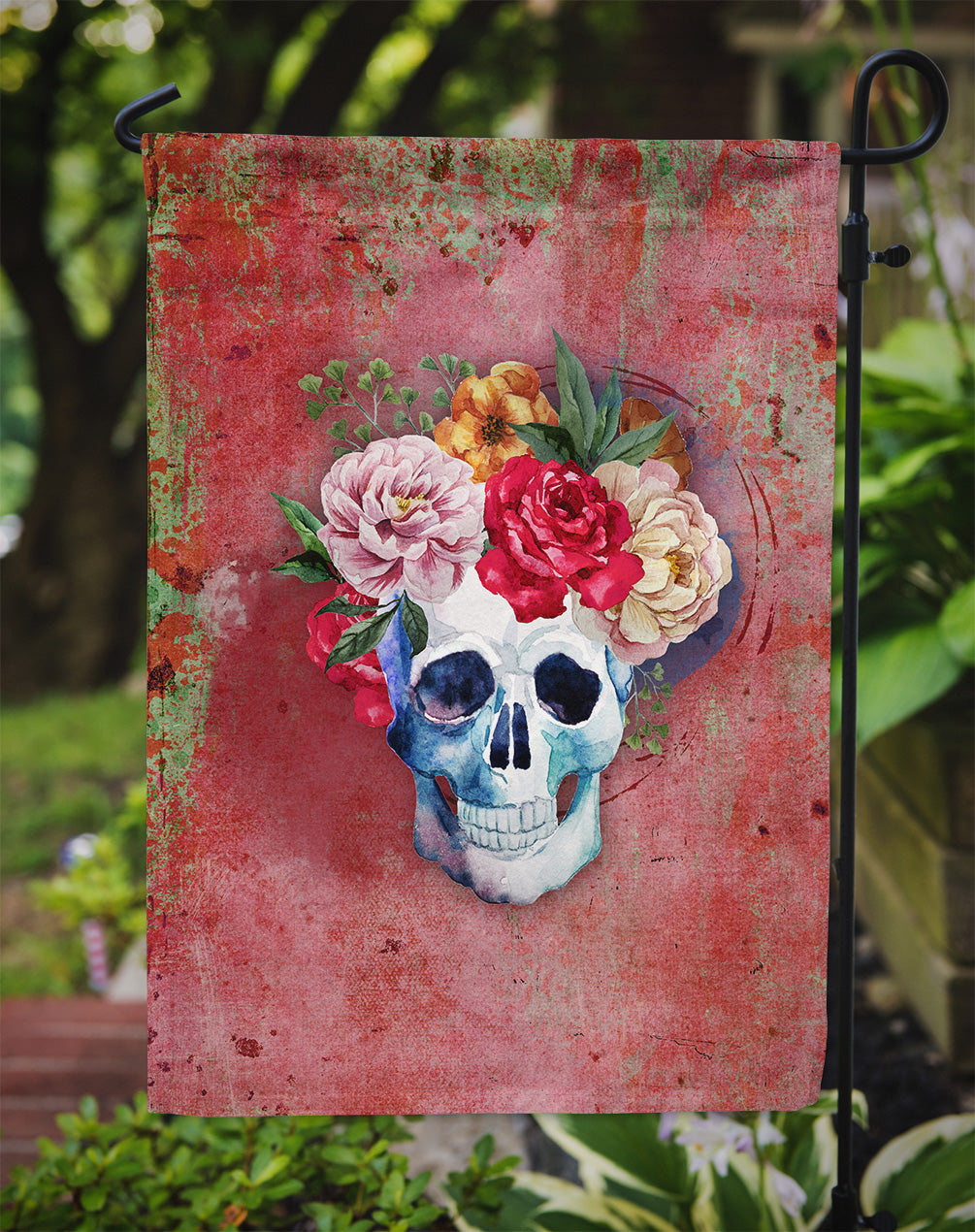 Day of the Dead Red Flowers Skull  Garden Flag - Outdoor Decorative Yard Flag BB5130GF
