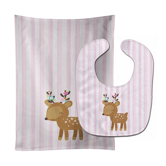 Deer in Pink Stripes Baby Bib & Burp Cloth BB6934STBU