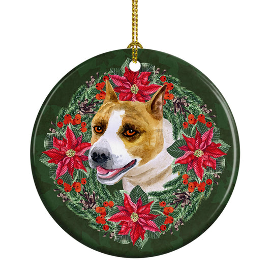 American Staffordshire Poinsetta Wreath Ornament - Round Ceramic Ornament – Artist-Designed Keepsake Decoration