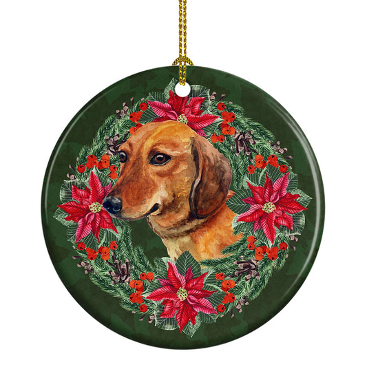 Dachshund Poinsetta Wreath Ornament - Round Ceramic Ornament – Artist-Designed Keepsake Decoration