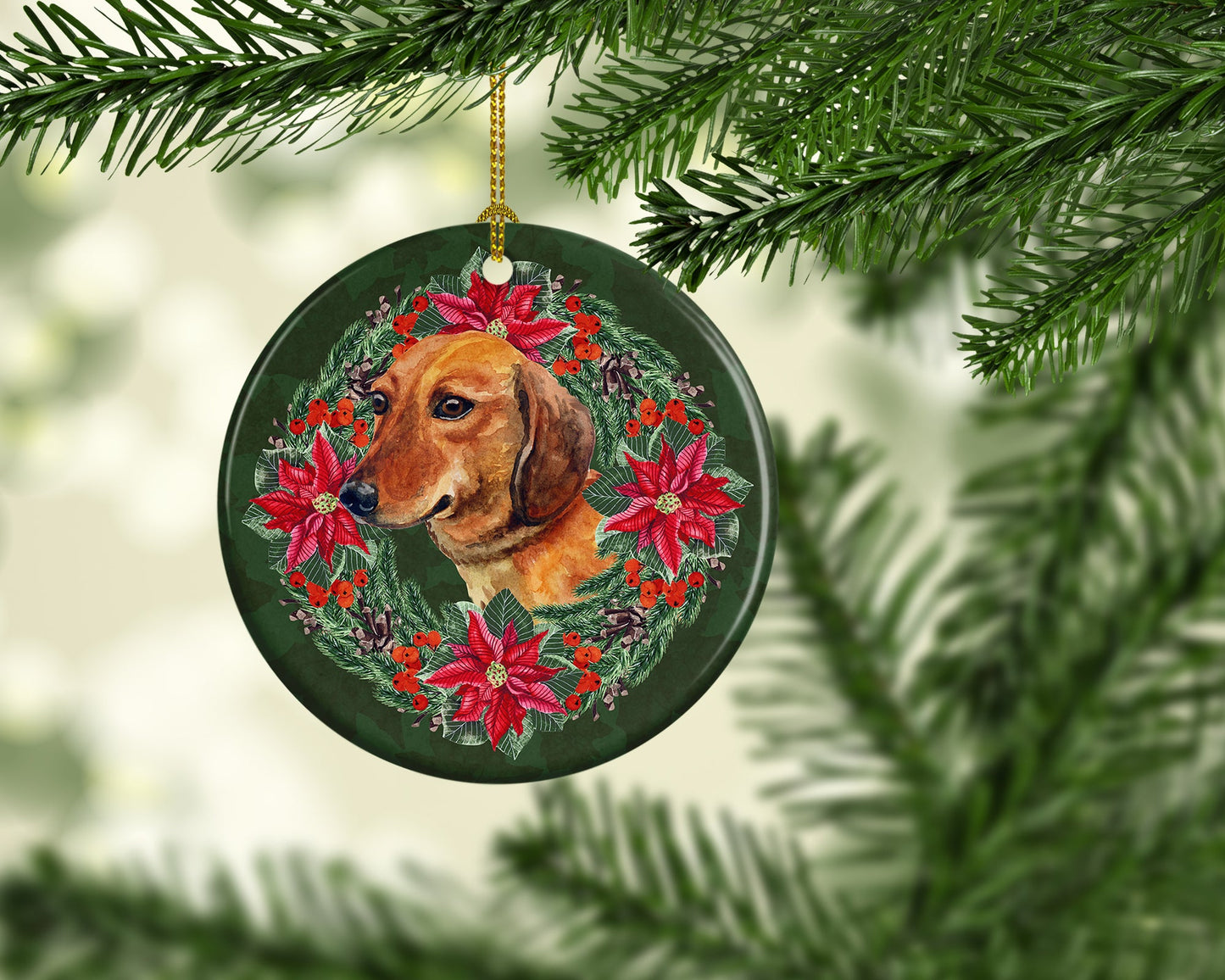 Dachshund Poinsetta Wreath Ornament - Round Ceramic Ornament – Artist-Designed Keepsake Decoration