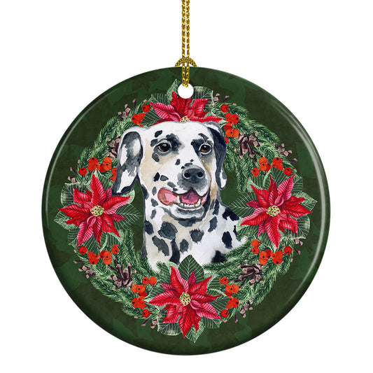 Dalmatian Poinsetta Wreath Ornament - Round Ceramic Ornament – Artist-Designed Keepsake Decoration