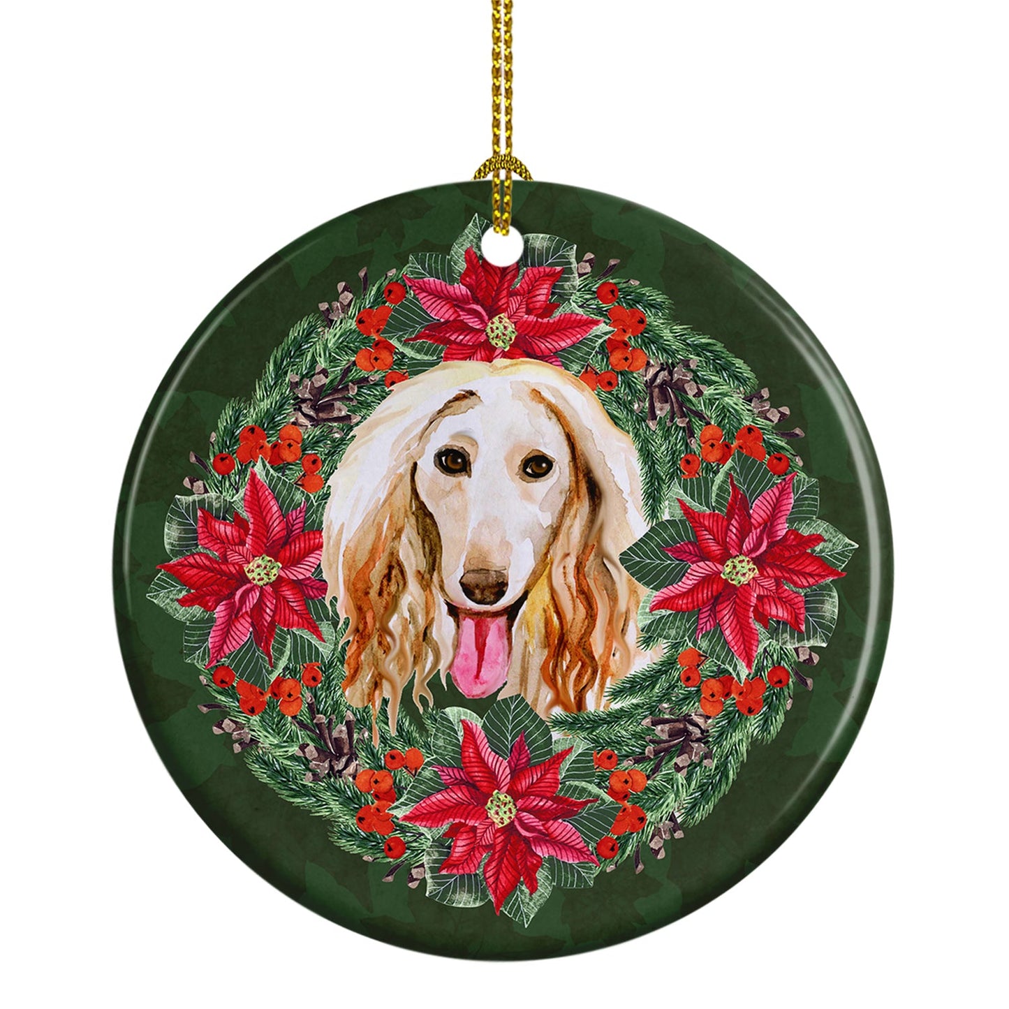 Afghan Hound Poinsetta Wreath Ornament - Round Ceramic Ornament – Artist-Designed Keepsake Decoration