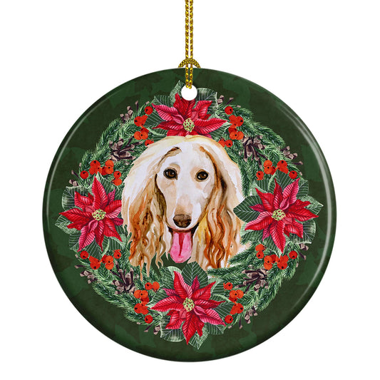 Afghan Hound Poinsetta Wreath Ornament - Round Ceramic Ornament – Artist-Designed Keepsake Decoration