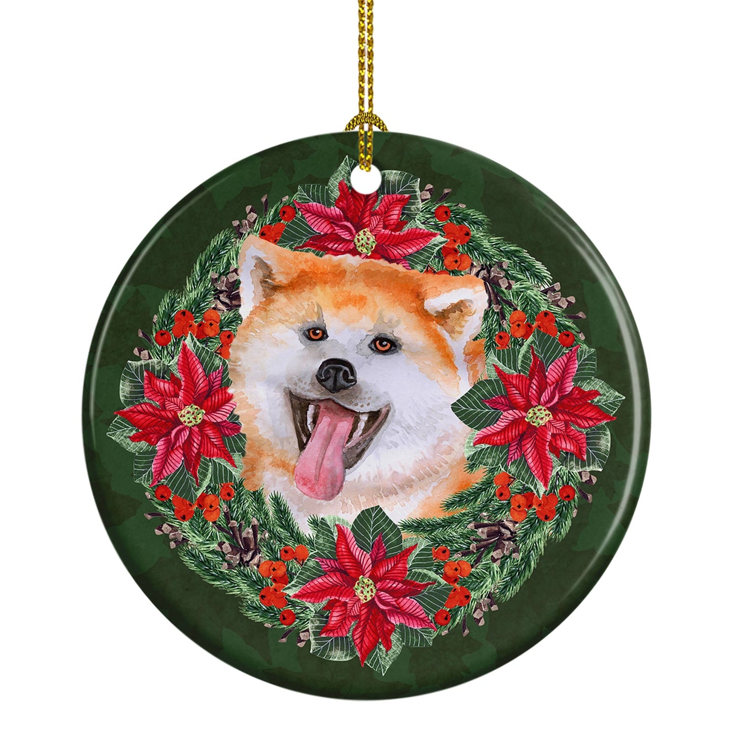 Akita Poinsetta Wreath Ornament - Round Ceramic Ornament – Artist-Designed Keepsake Decoration