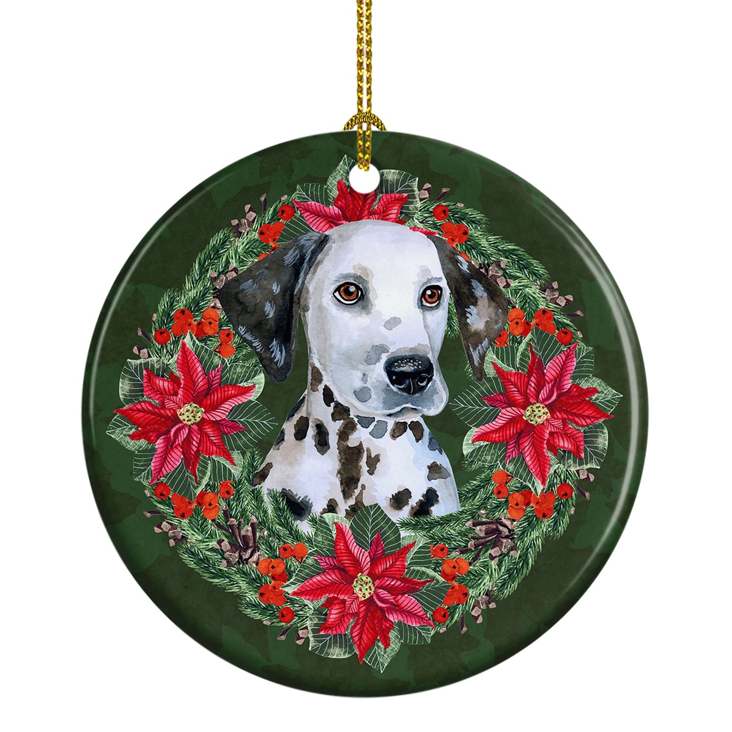 Dalmatian Puppy Poinsetta Wreath Ornament - Round Ceramic Ornament – Artist-Designed Keepsake Decoration