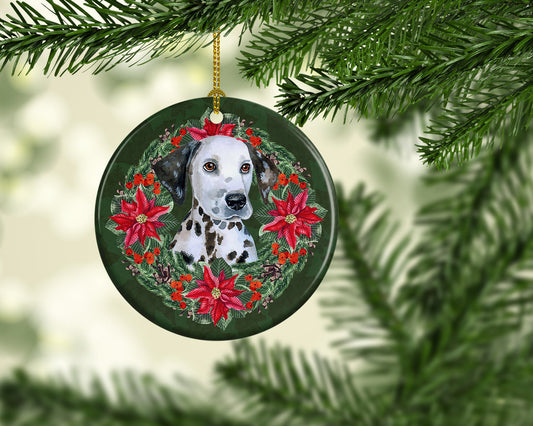 Dalmatian Puppy Poinsetta Wreath Ornament - Round Ceramic Ornament – Artist-Designed Keepsake Decoration