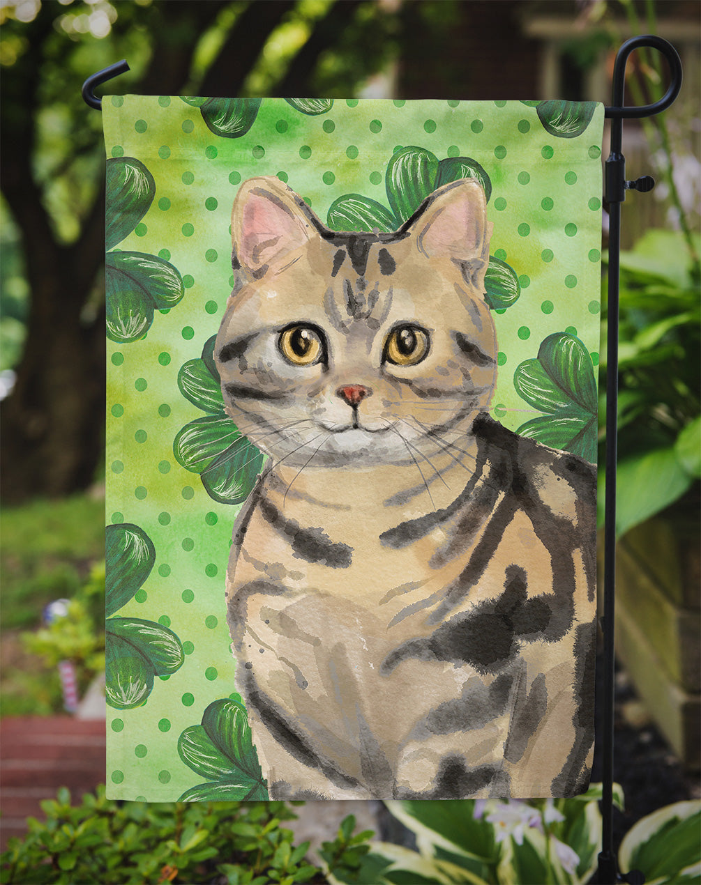 American Shorthair Brown Tabby Shamrock Garden Flag - Outdoor Decorative Yard Flag CK3058GF