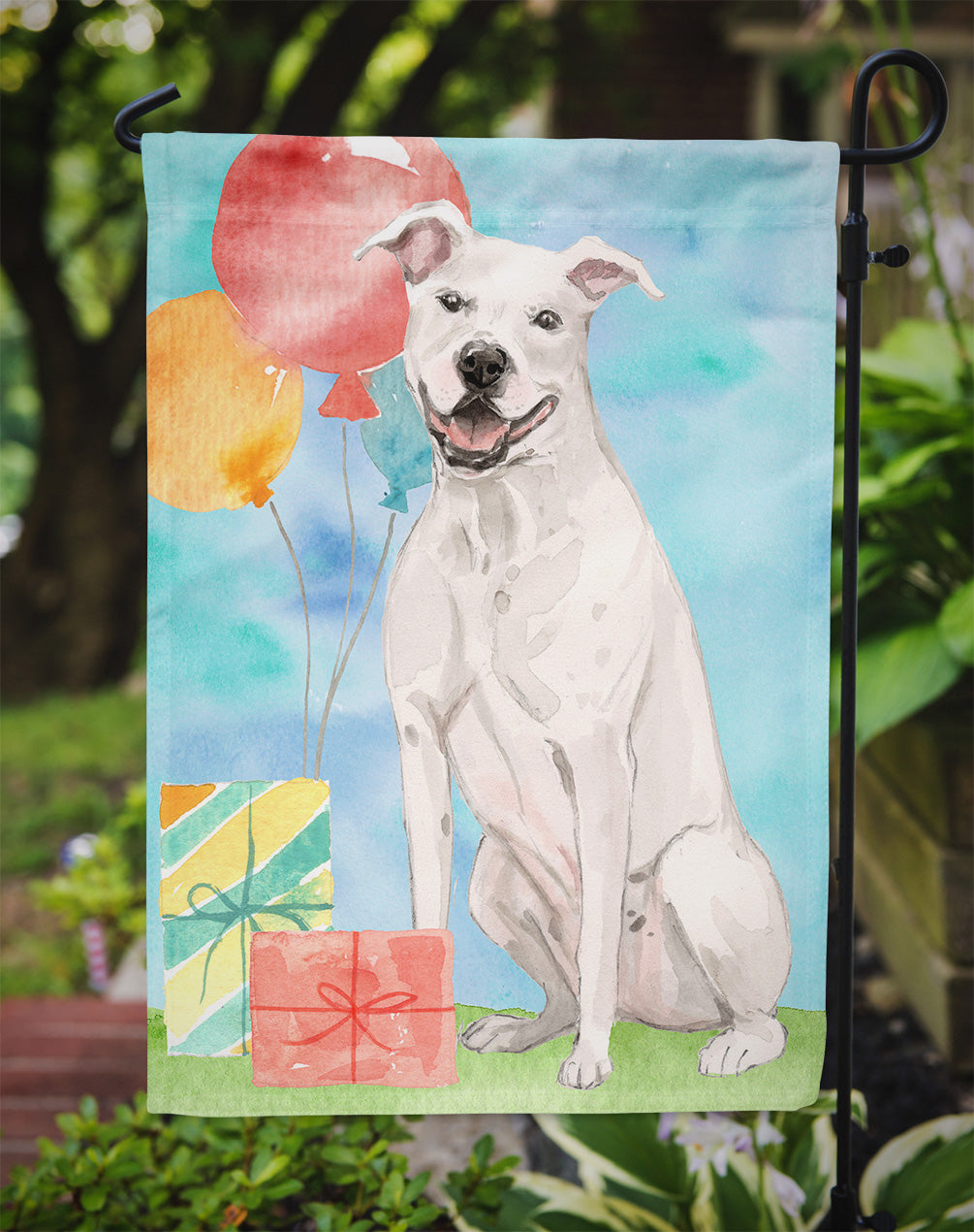 Happy Birthday White Staffordshire Bull Terrier Garden Flag - Outdoor Decorative Yard Flag CK3230GF