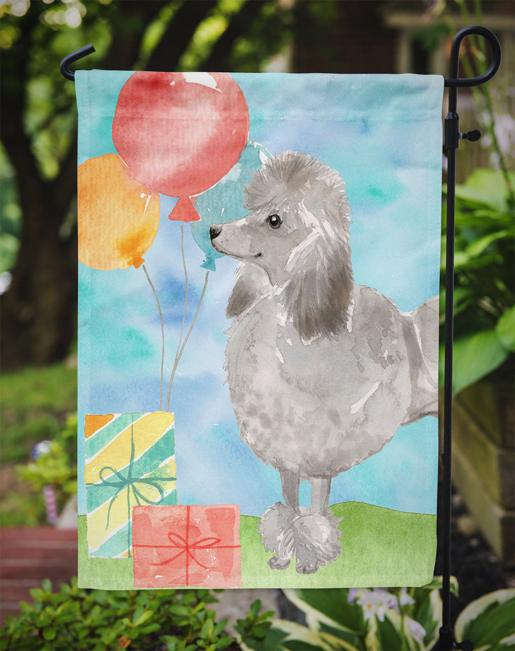 Happy Birthday Silver Poodle Garden Flag - Outdoor Decorative Yard Flag CK3254GF