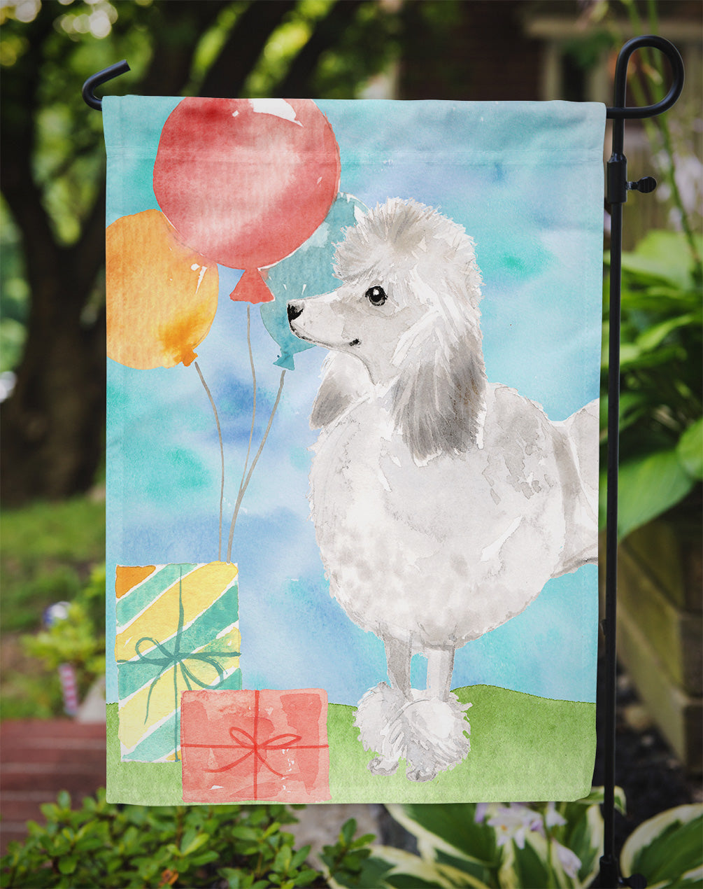 Happy Birthday Silver Poodle Garden Flag - Outdoor Decorative Yard Flag CK3255GF
