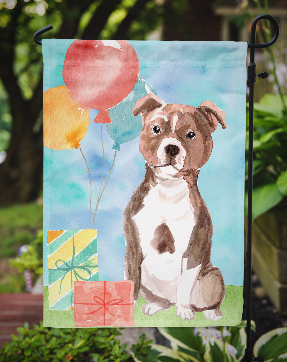 Happy Birthday Red Staffie Bull Garden Flag - Outdoor Decorative Yard Flag CK3261GF