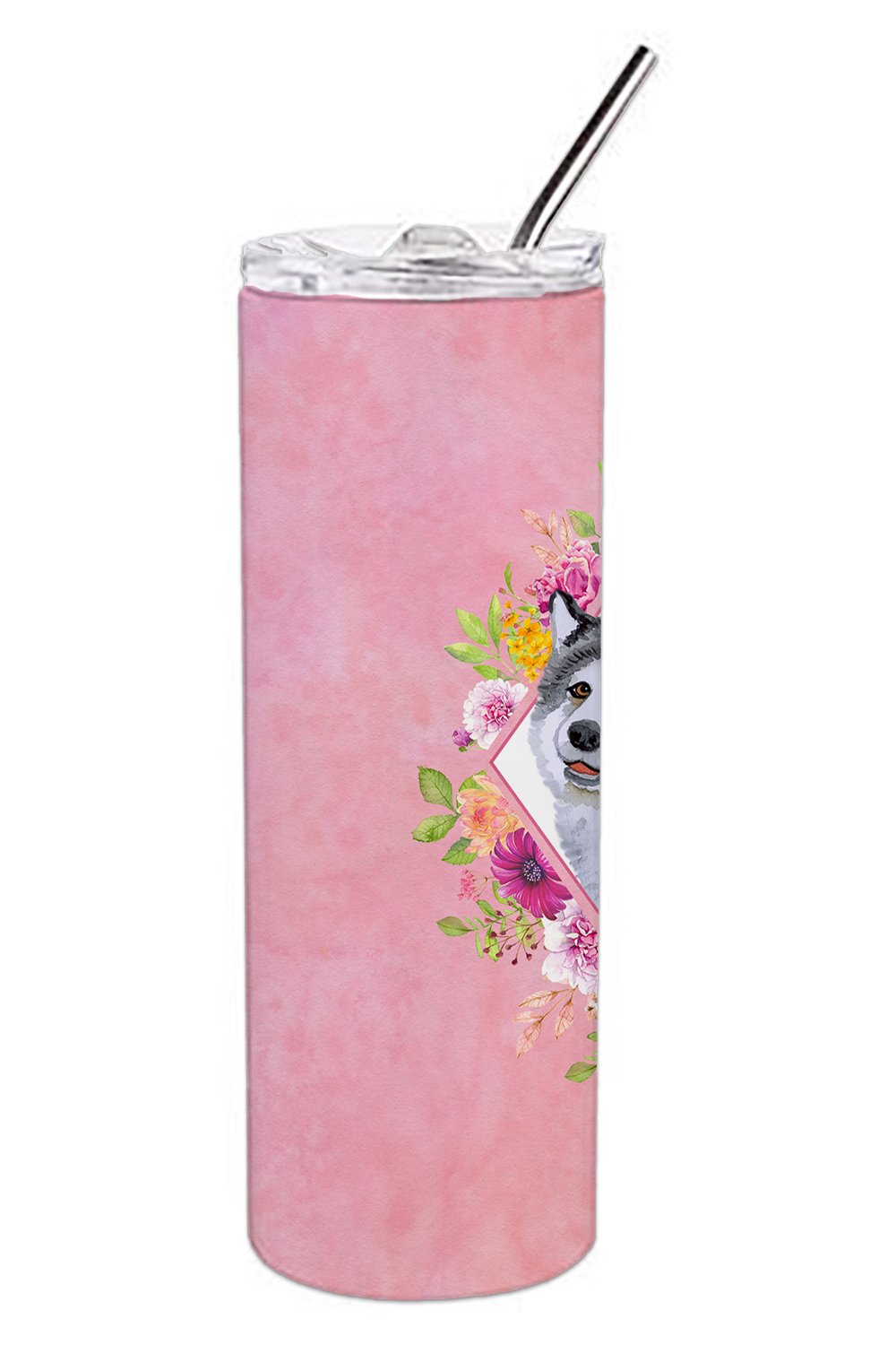 Alaskan Malamute Pink Flowers Double Walled Stainless Steel 20 oz Skinny Tumbler CK4112TBL20