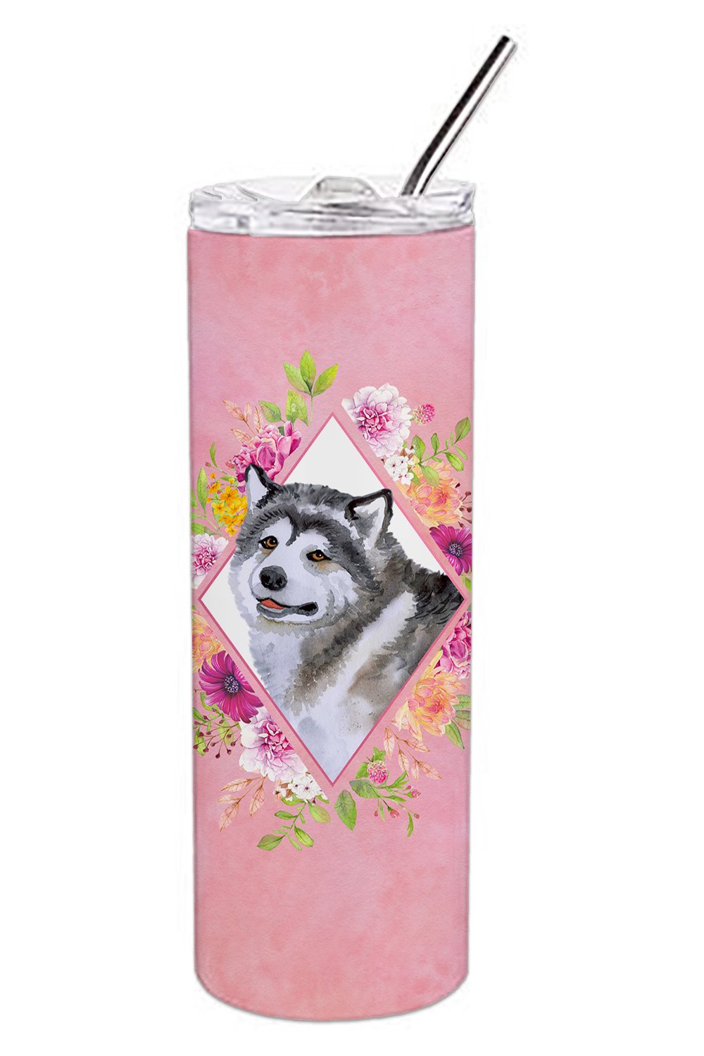 Alaskan Malamute Pink Flowers Double Walled Stainless Steel 20 oz Skinny Tumbler CK4112TBL20