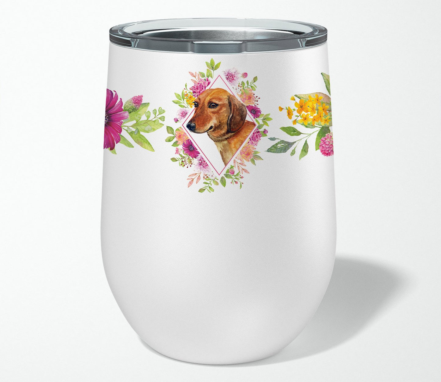 Dachshund Red #1 Pink Flowers Stainless Steel 12 oz Stemless Wine Glass CK4134TBL12