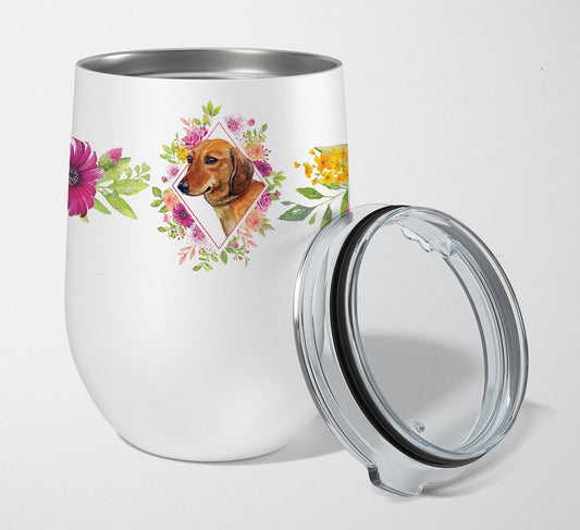 Dachshund Red #1 Pink Flowers Stainless Steel 12 oz Stemless Wine Glass CK4134TBL12