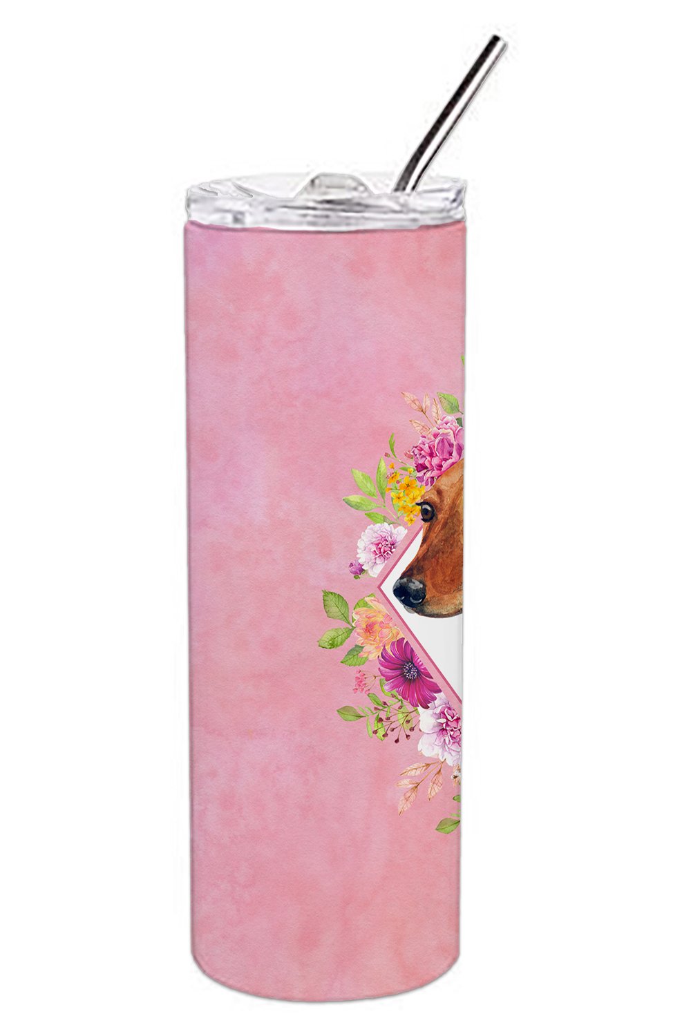 Dachshund Red #1 Pink Flowers Double Walled Stainless Steel 20 oz Skinny Tumbler CK4134TBL20
