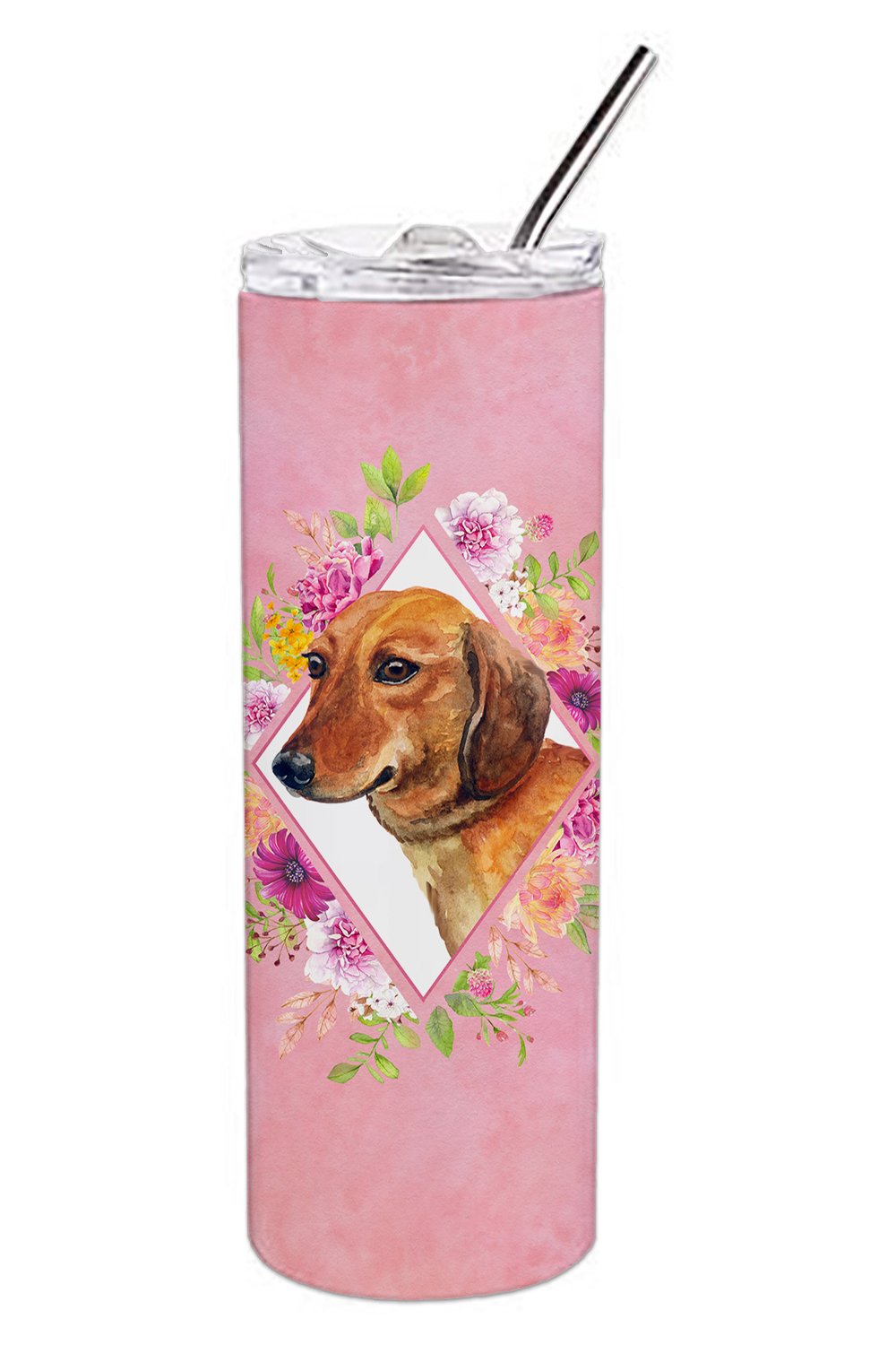 Dachshund Red #1 Pink Flowers Double Walled Stainless Steel 20 oz Skinny Tumbler CK4134TBL20
