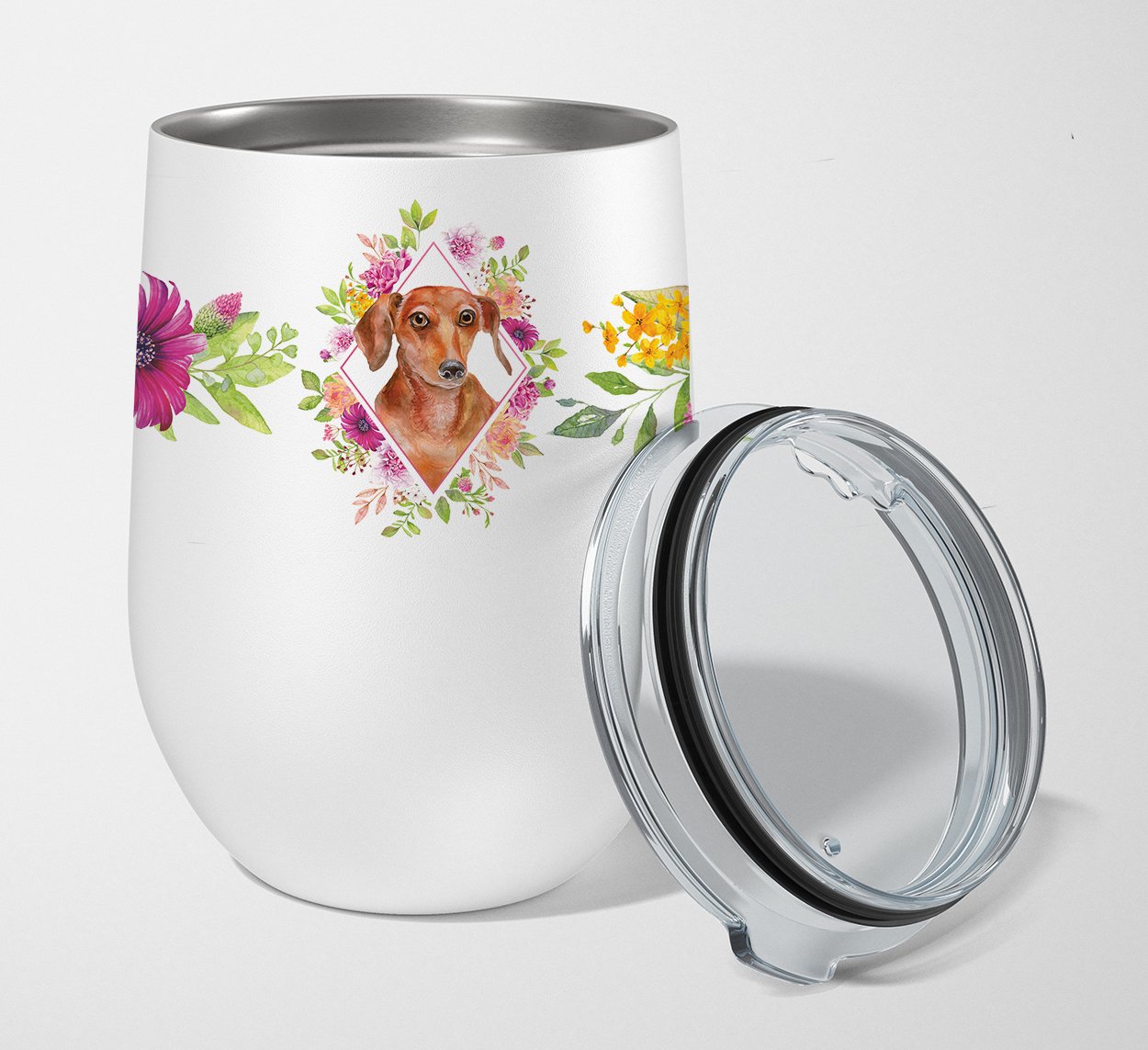 Dachshund Red #2 Pink Flowers Stainless Steel 12 oz Stemless Wine Glass CK4135TBL12