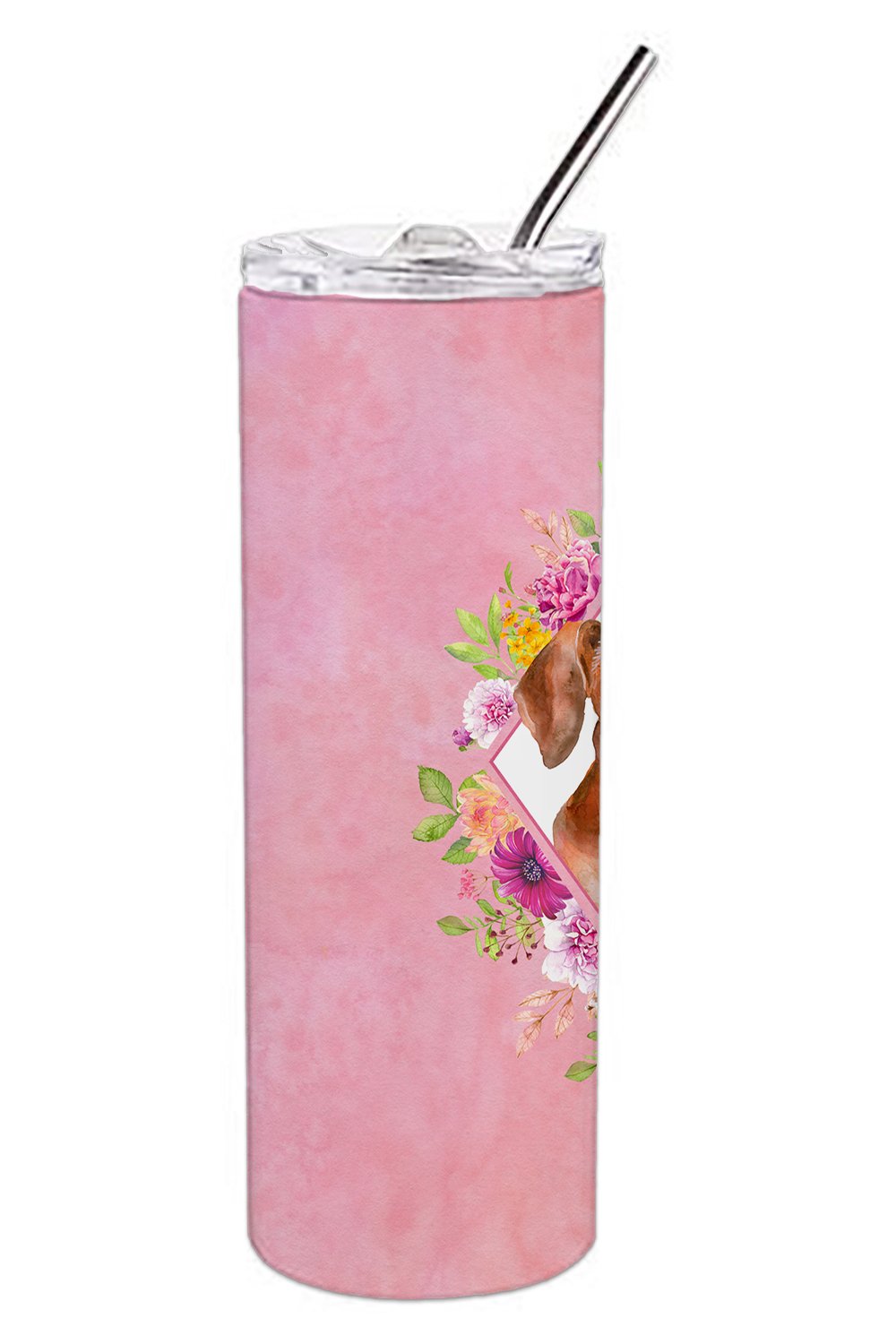 Dachshund Red #2 Pink Flowers Double Walled Stainless Steel 20 oz Skinny Tumbler CK4135TBL20
