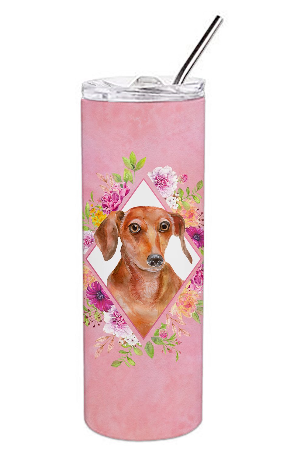Dachshund Red #2 Pink Flowers Double Walled Stainless Steel 20 oz Skinny Tumbler CK4135TBL20