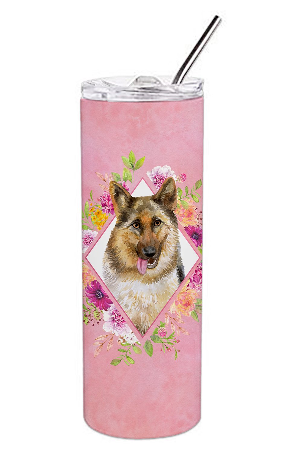 German Shepherd #1 Pink Flowers Double Walled Stainless Steel 20 oz Skinny Tumbler CK4146TBL20