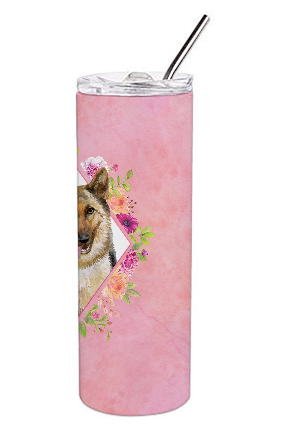 German Shepherd #1 Pink Flowers Double Walled Stainless Steel 20 oz Skinny Tumbler CK4146TBL20