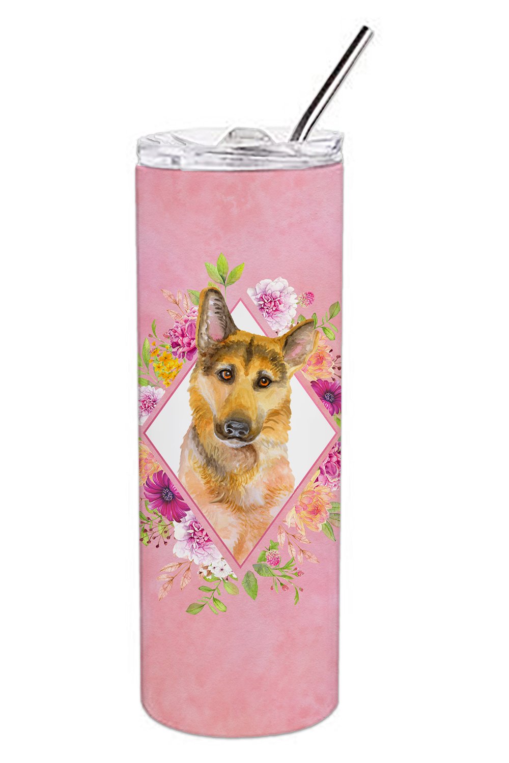 German Shepherd #2 Pink Flowers Double Walled Stainless Steel 20 oz Skinny Tumbler CK4147TBL20